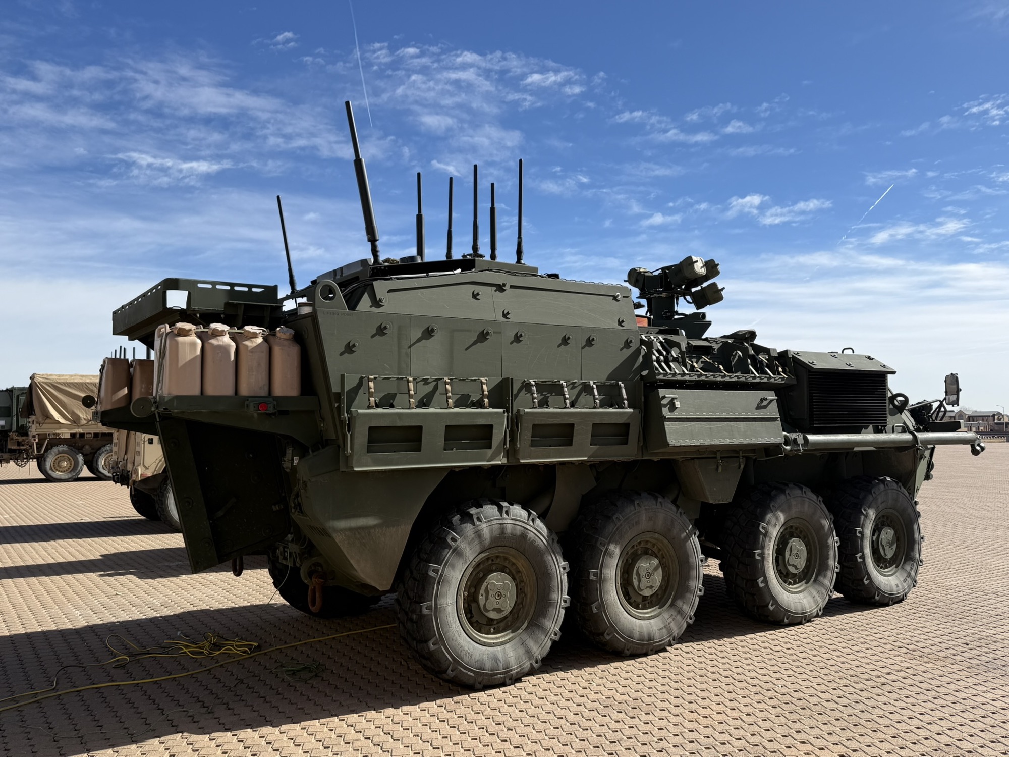 Army Stryker with communications equipment