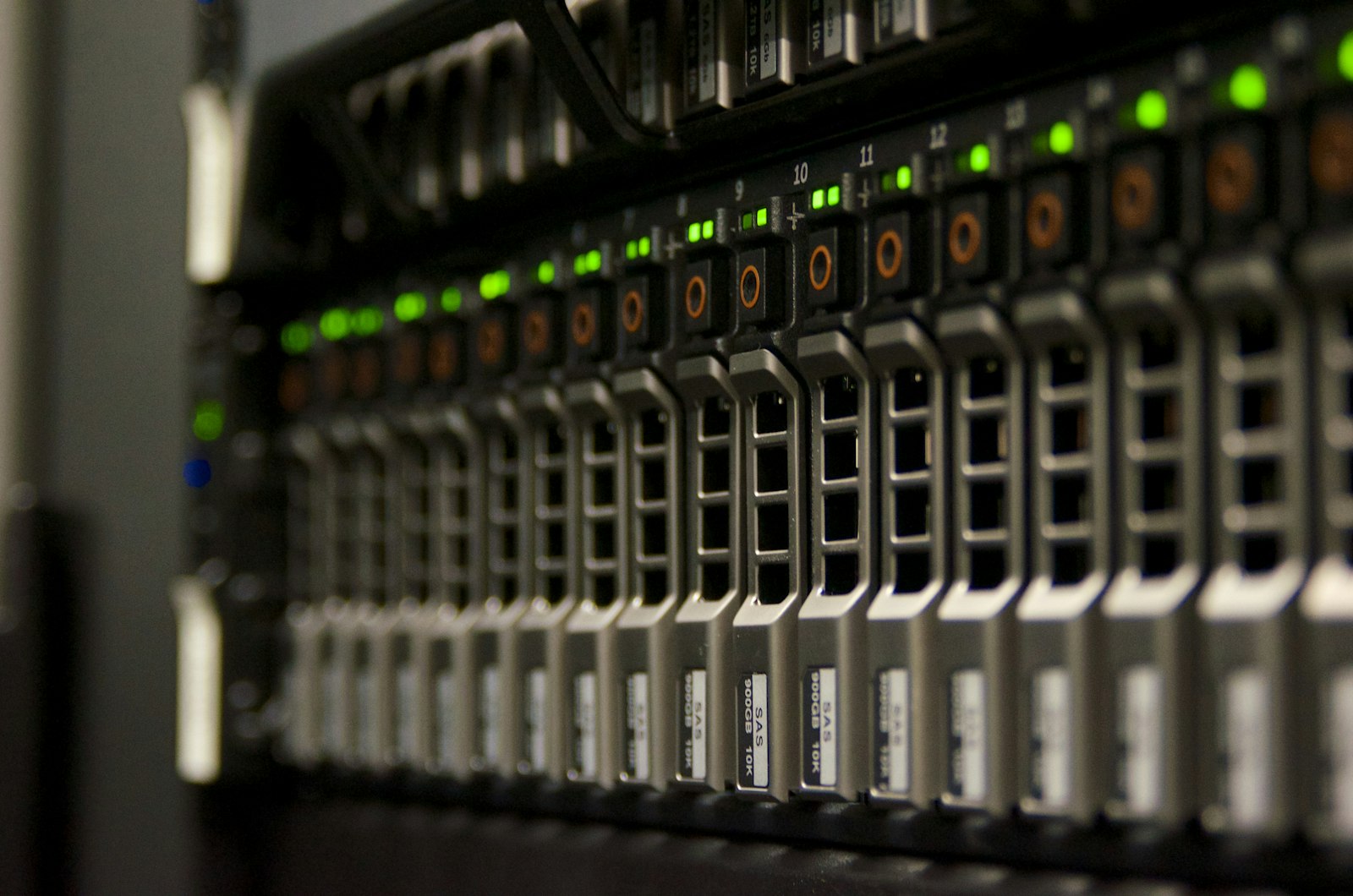 Server racks with status lights in a data center