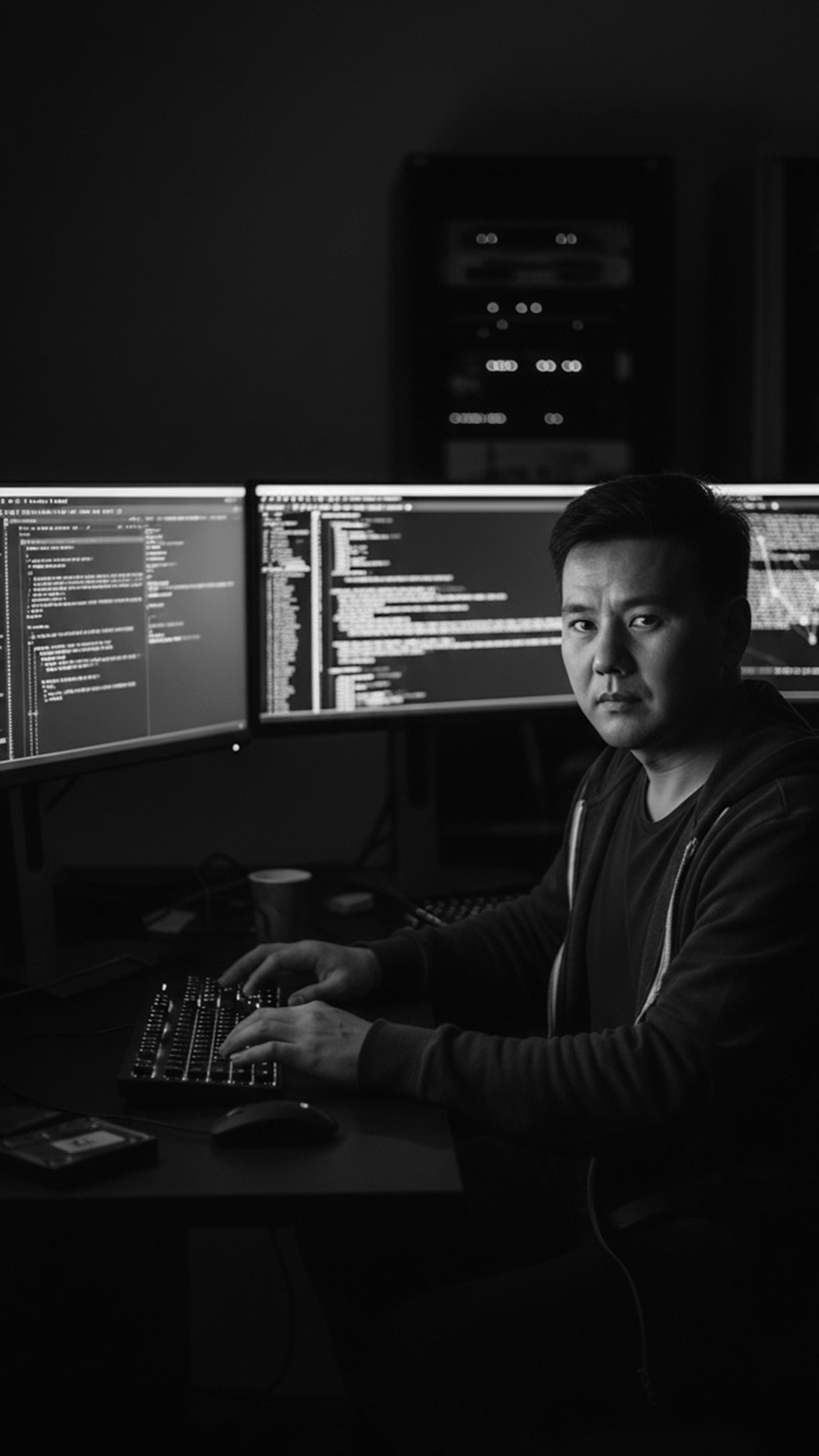 An analyst working at a desk with several monitors